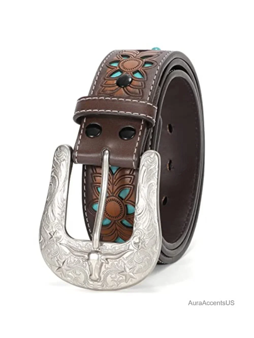 Genuine Leather Western Belt Unisex Cowgirl Cowboy Tooled Engraved Adjustable